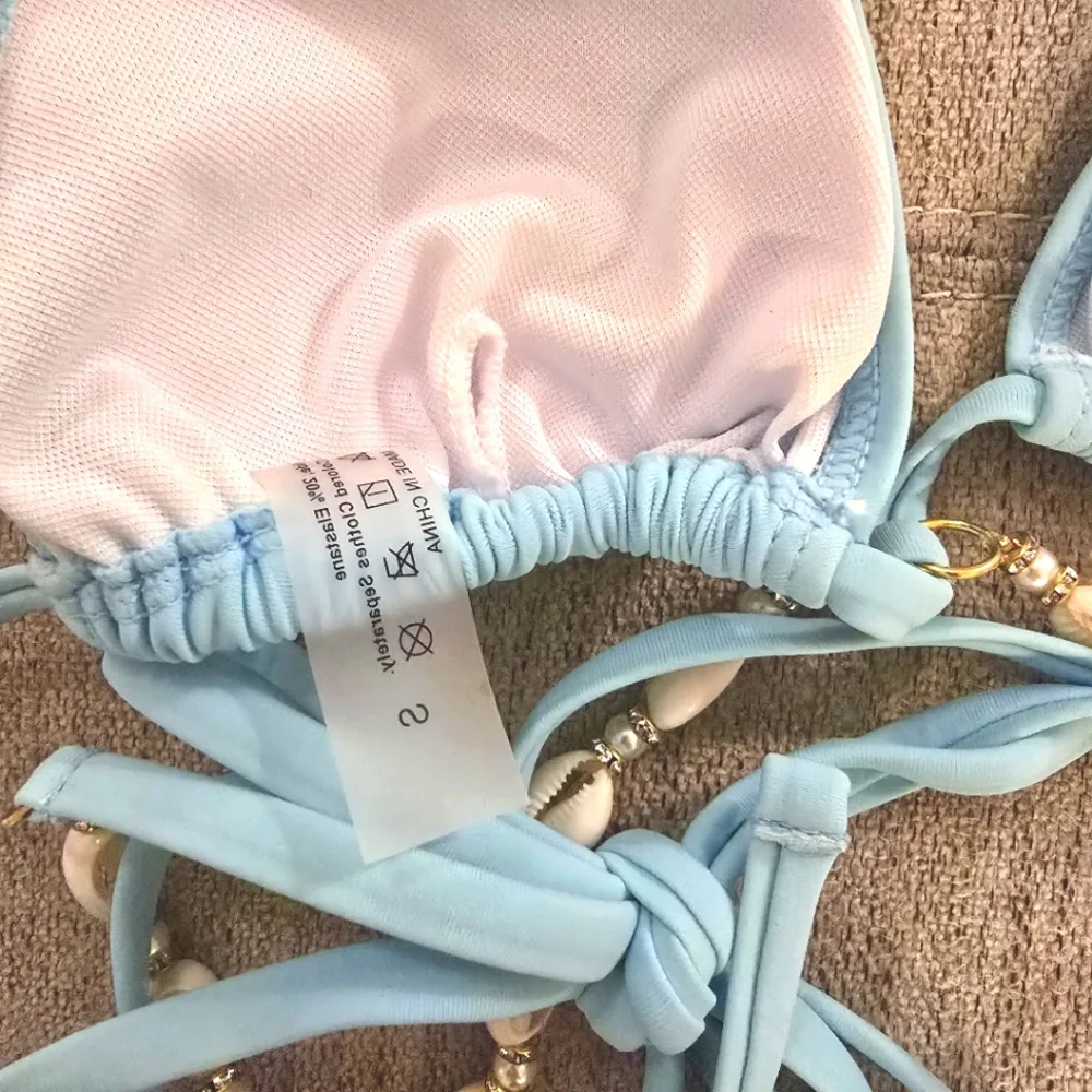 Light Blue Bikini with Shell Ribcage Chain Accents Sz Small A cup Top, 26" NWOT - Picture 6 of 6